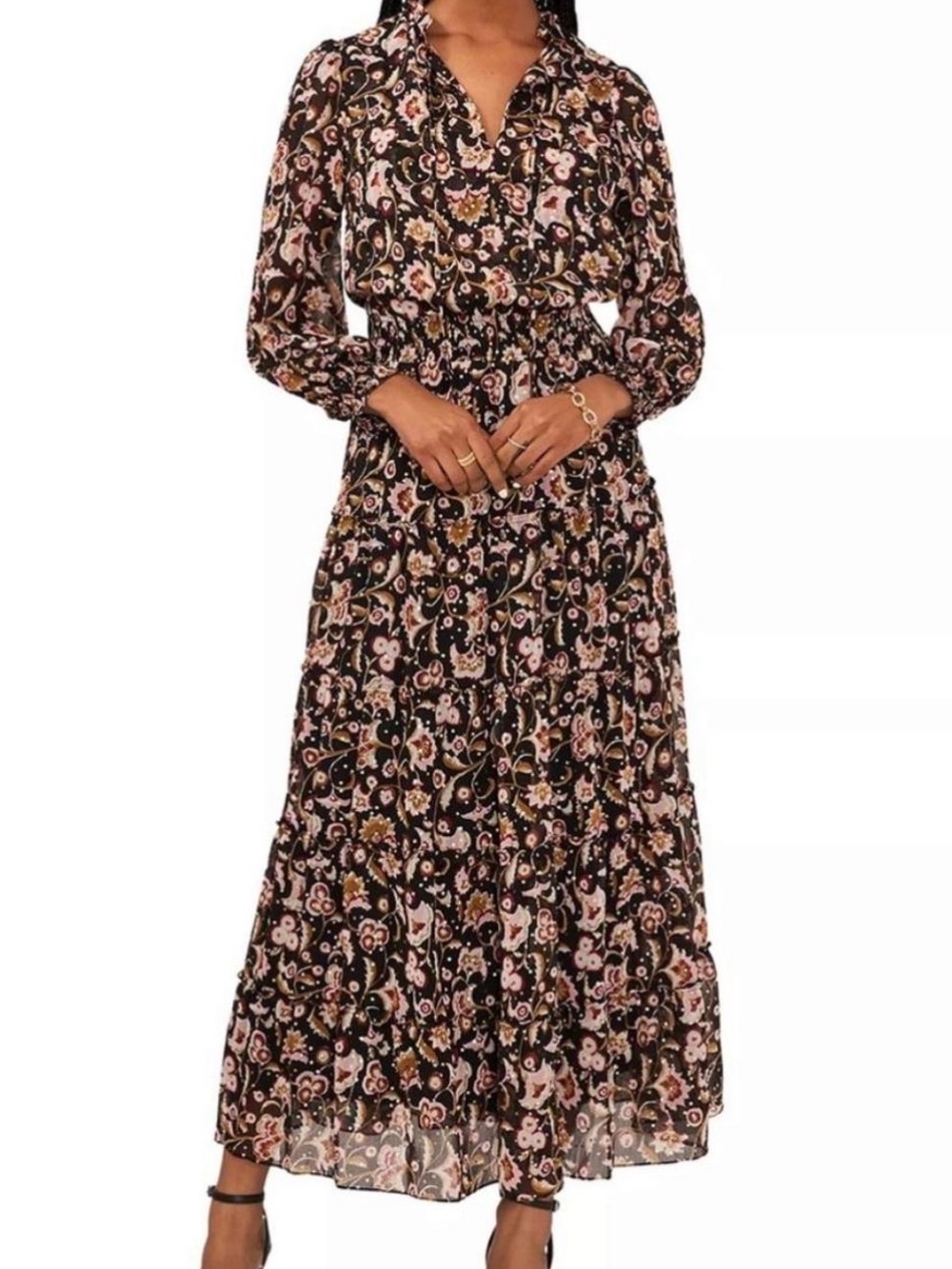 MSK Black Floral Maxi / Midi Dress Boho Cottagecore Size Large New